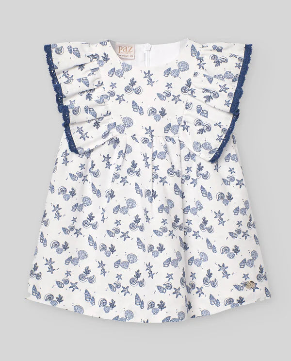 PAZ RODRIGUEZ: “RIAS” Sea Life Indigo Blue and White Dress