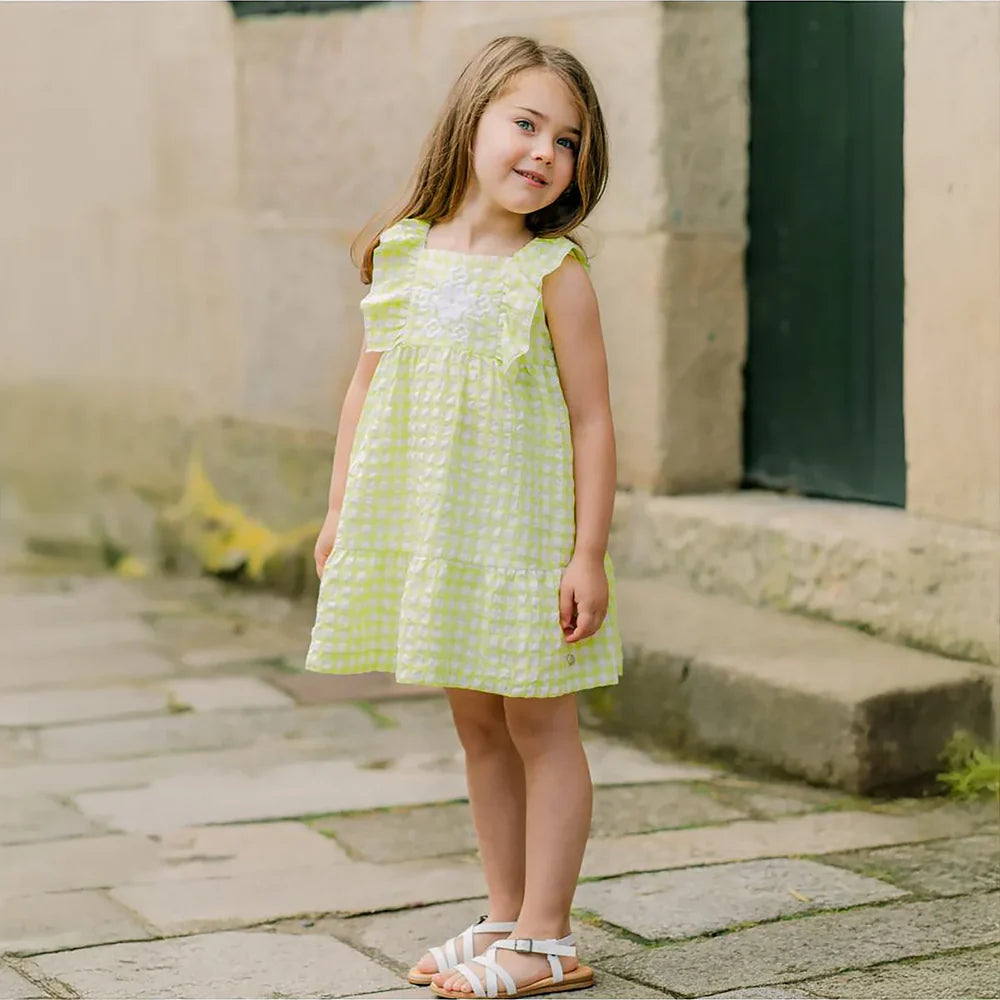 PAZ RODRIGUEZ: “PEONZA” Fluor Yellow Gingham Pattern Dress