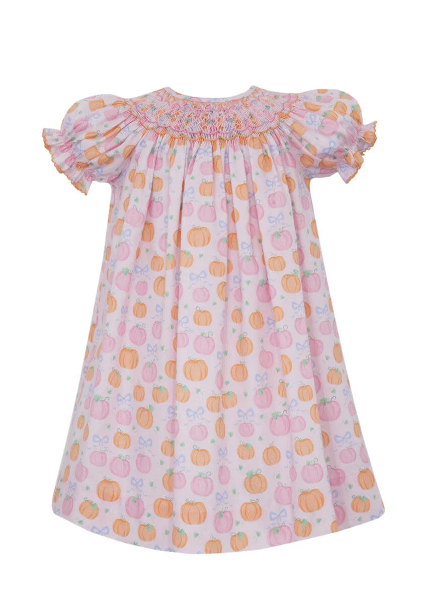 ANAVINI: DRESS- BUTTON FRONT PINK & ORANGE PUMPKIN PRINT