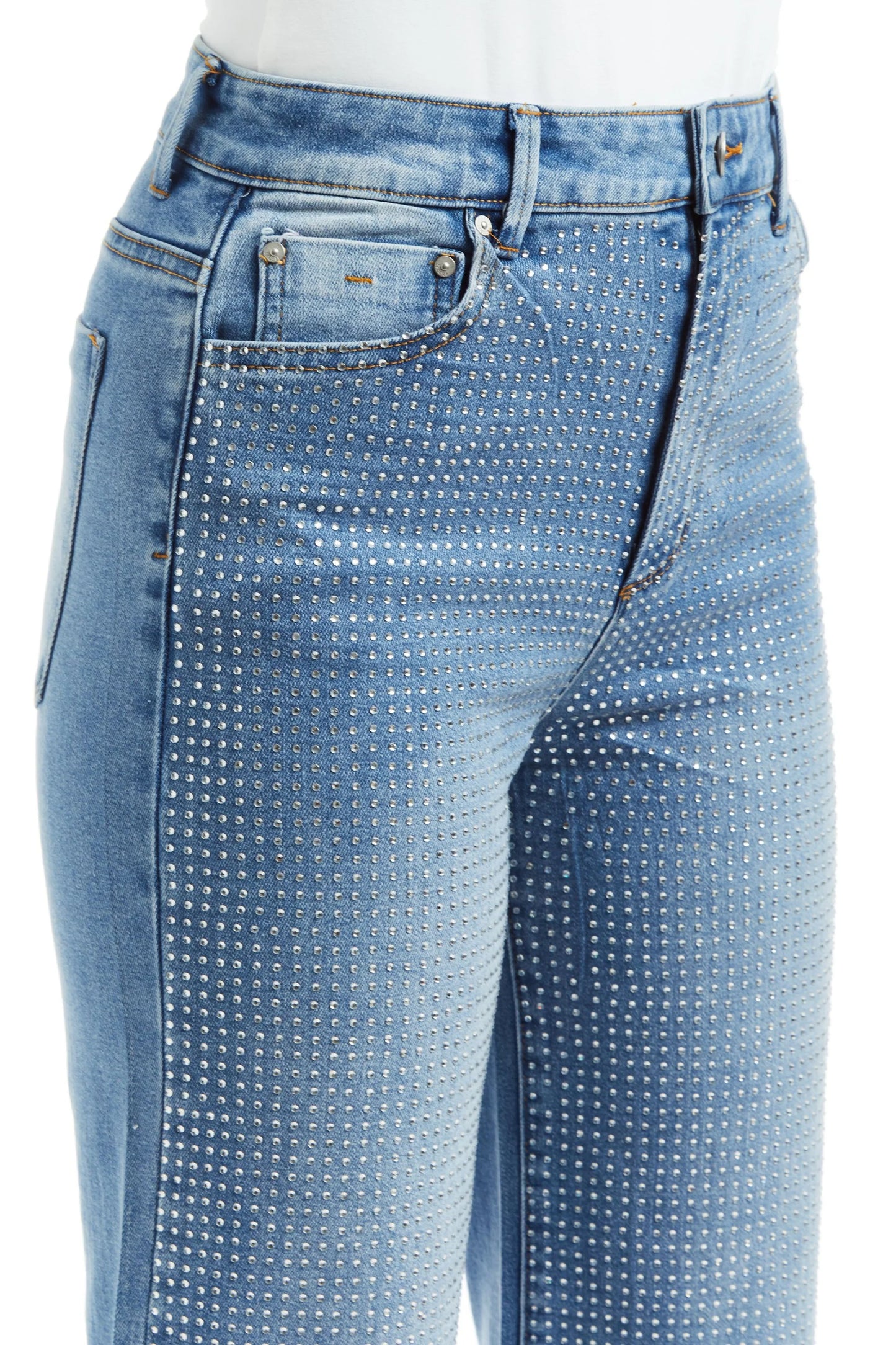 TRACTR : HIGH RISE RHINESTONE GRID WIDE STRAIGHT LEG