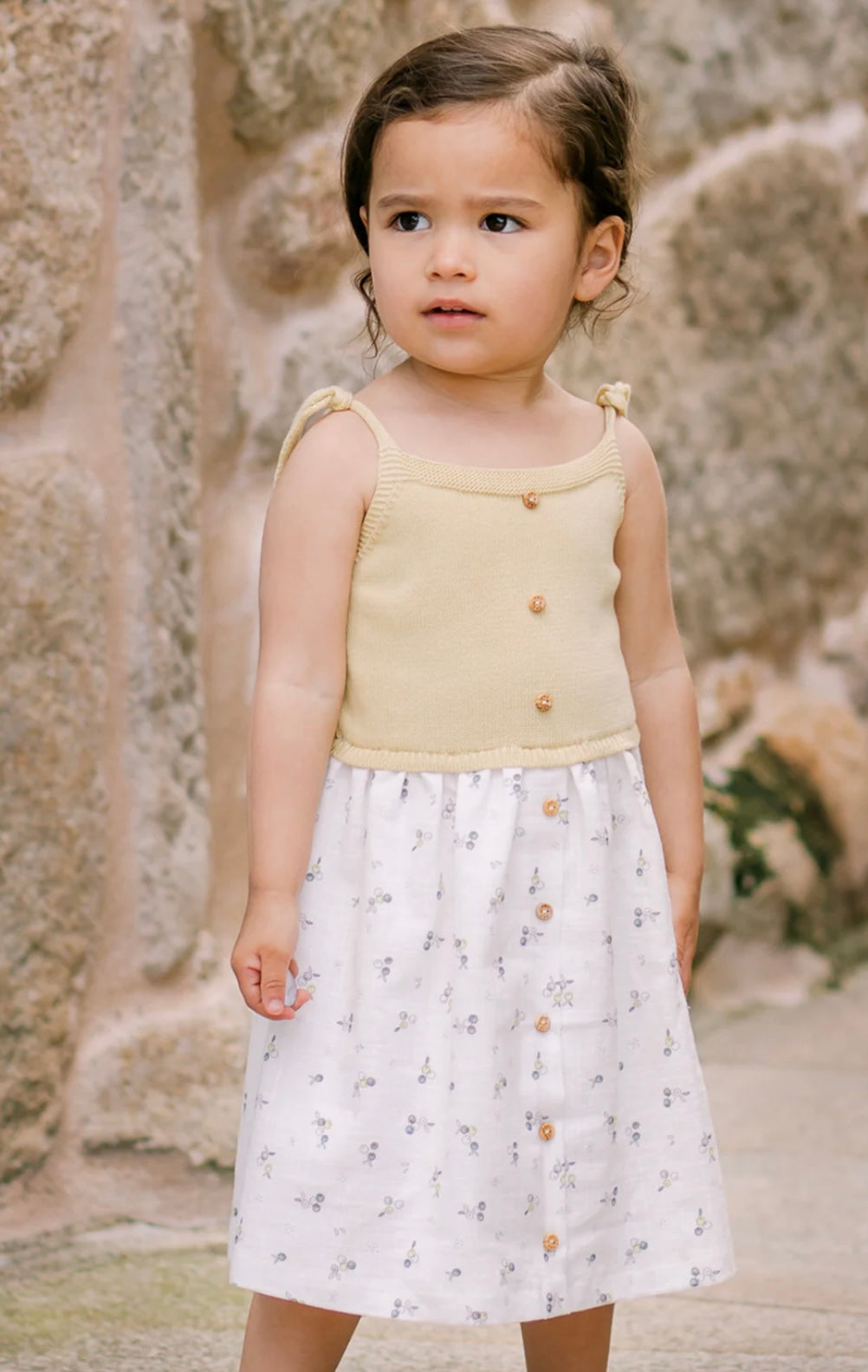 PAZ RODRIGUEZ: “POMBA” Pistachio Knit with Cotton Berries Print Button Dress