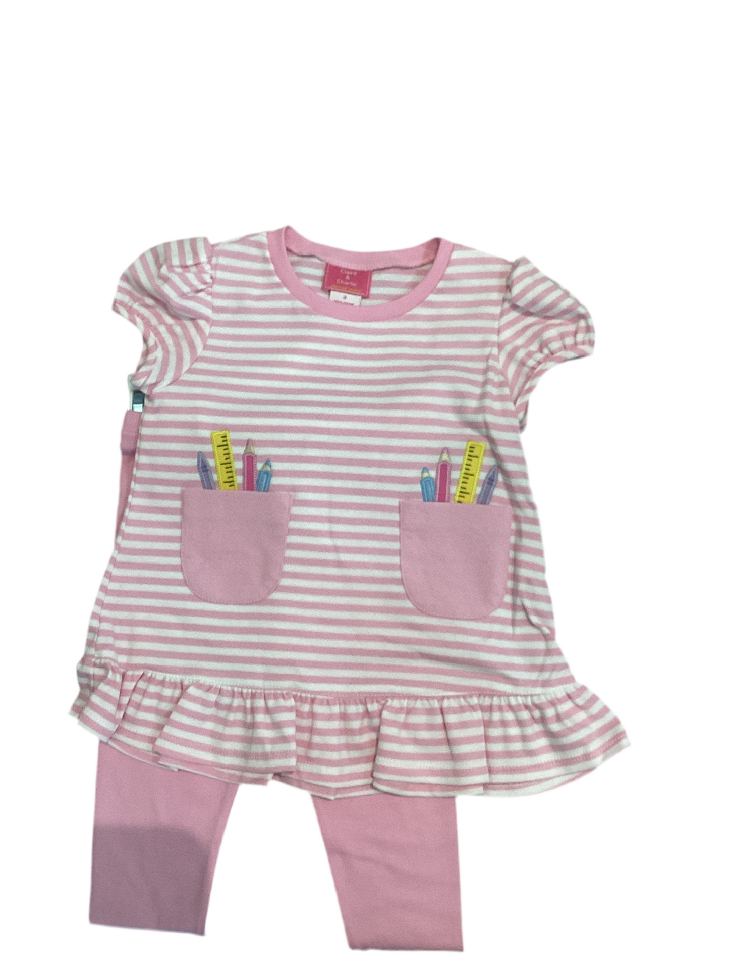 CLAIRE & CHARLIE: SCHOOL SUPPLIES-PINK KNIT STRIPE TUNIC SET