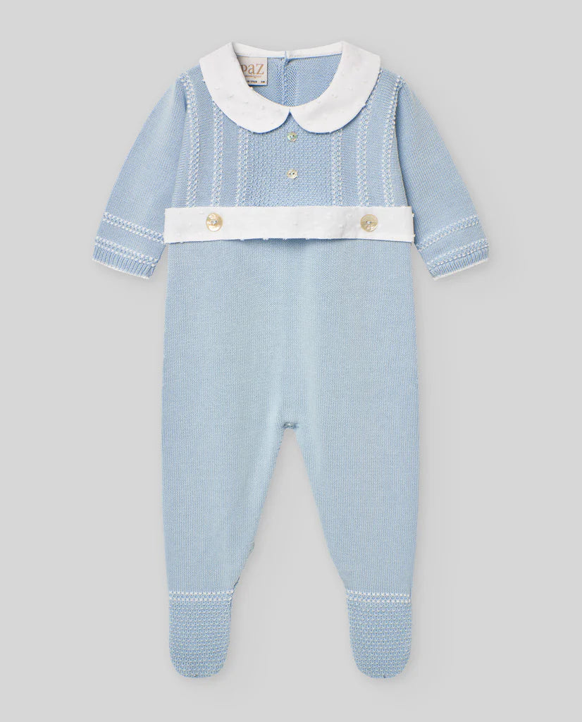 PAZ RODRIGUEZ : “PAZ V25”SKY BLUE with WHITE KNIT ROMPER