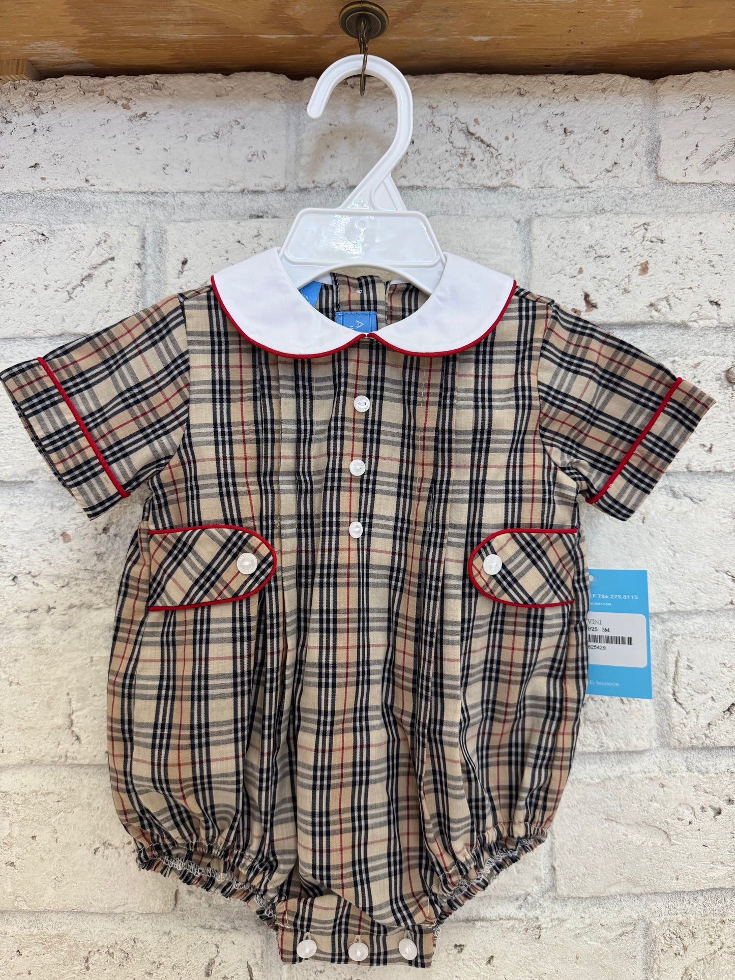 ANAVINI: Burberry Inspired Boys Khaki & Brown short bubble