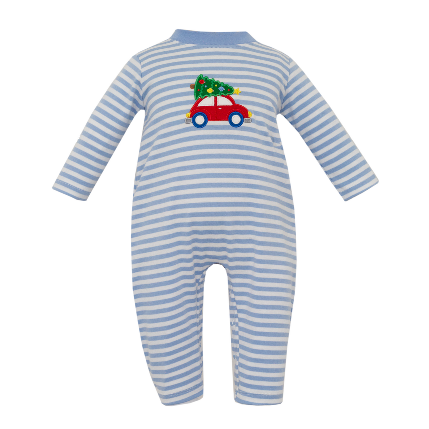 CLAIRE & CHARLIE: car w/xmas tree blue knit stripe boys long romper