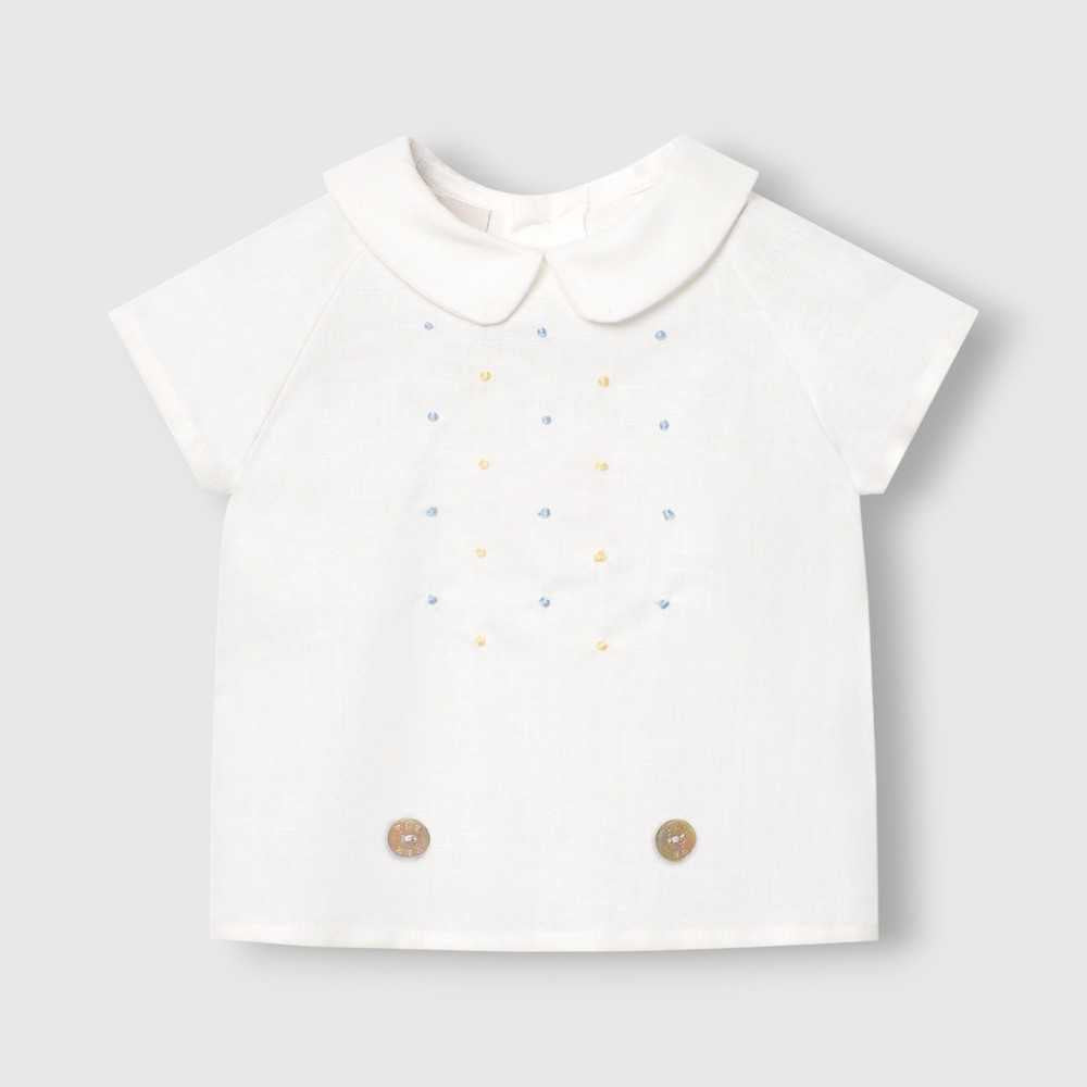 PAZ RODRIGUEZ: “BICO” Boys Two Piece Blue/ Yellow Dot Shirt with Sky Blue Short Set