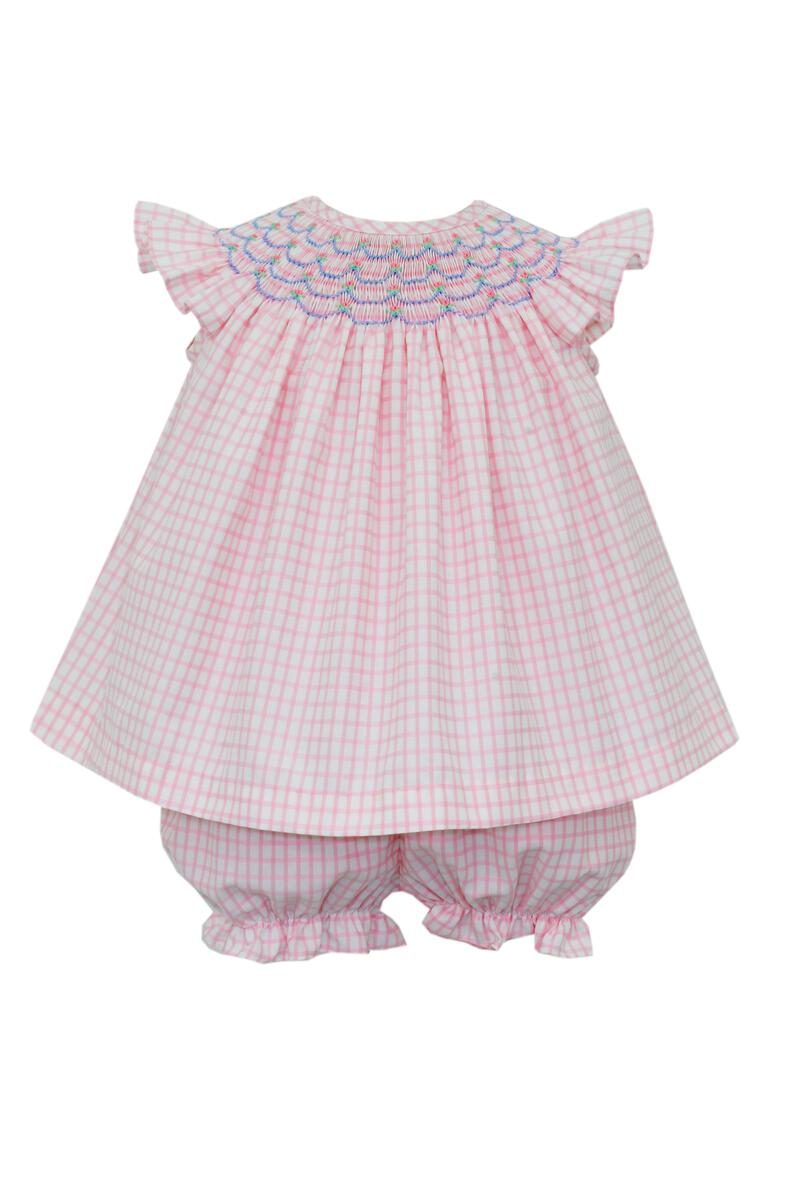 ANAVINI : PINK BRICADE CHECK ANGEL WING BISHOP BLOOMER SET