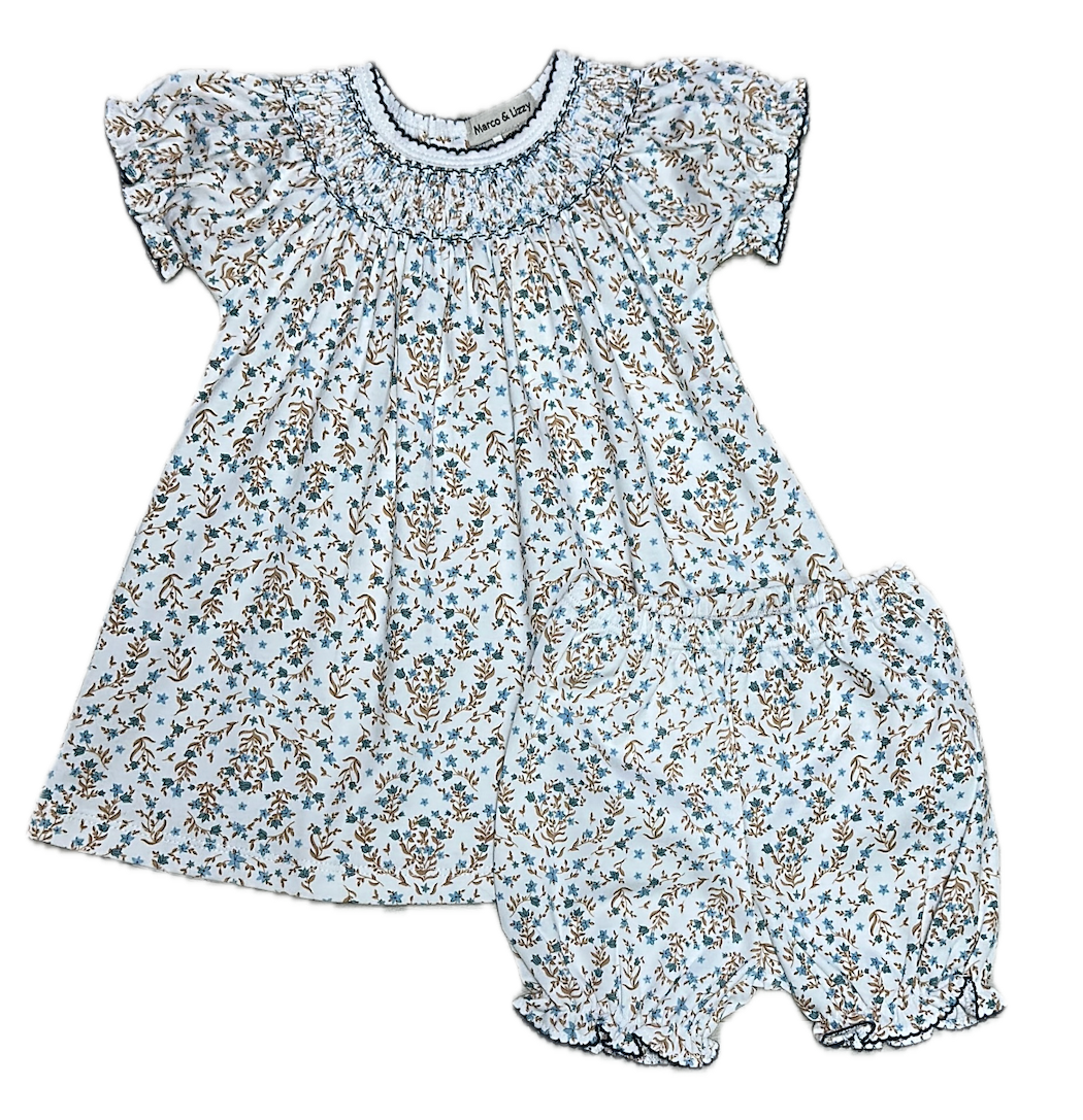 MARCO & LIZZY : BLUE FLORAL HAND SMOCKED GIRL'S BISHOP