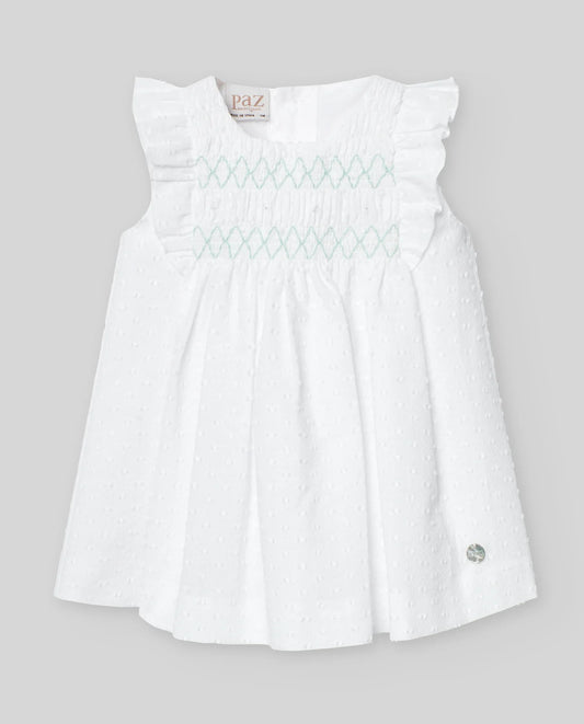 PAZ RODRIGUEZ: “EIDO” White with Mint Stitching Dress