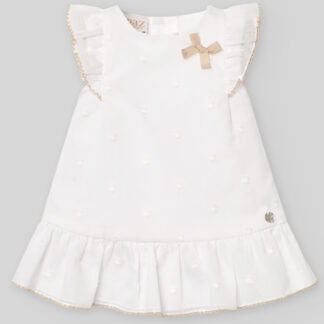 PAZ RODRIGUEZ: “LINO” White Dress with Beige Trim Dress