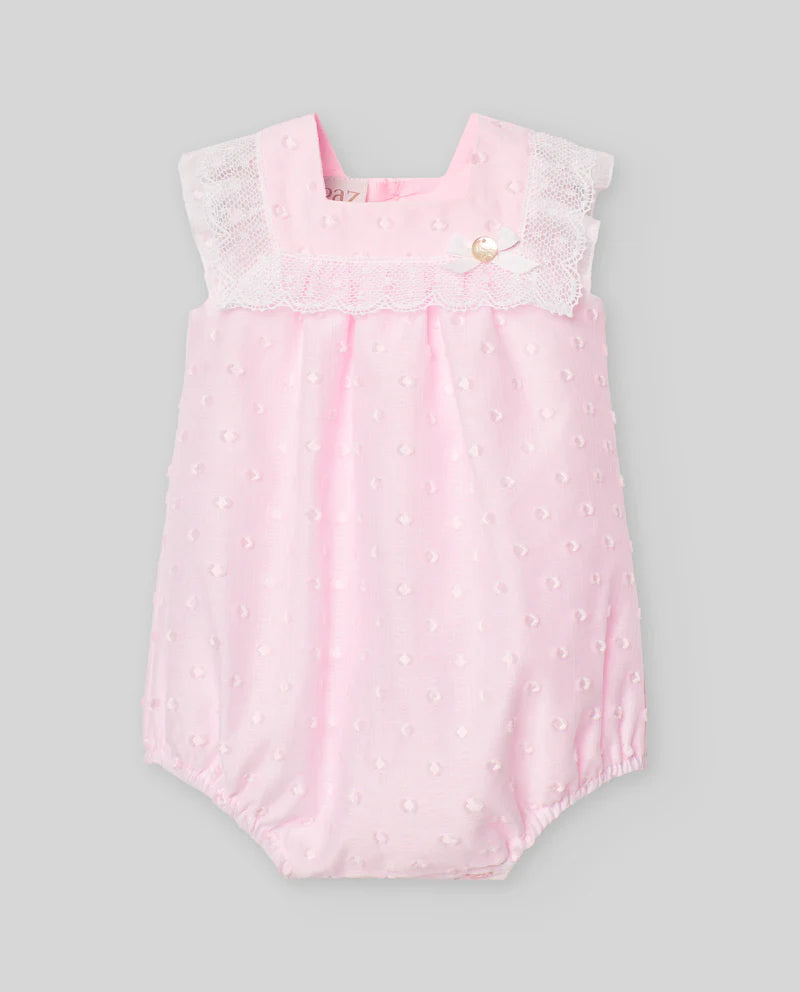 PAZ RODRIGUEZ: “ LINDA”  Dotted Chalk Pink with White Lace Romper
