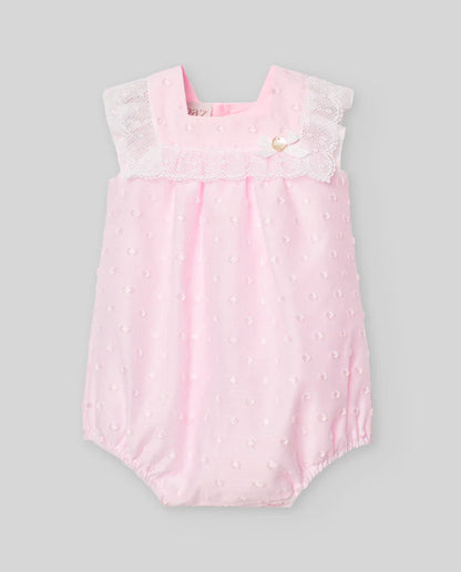 PAZ RODRIGUEZ: “ LINDA”  Dotted Chalk Pink with White Lace Romper