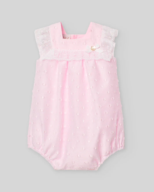 PAZ RODRIGUEZ: “ LINDA”  Dotted Chalk Pink with White Lace Romper