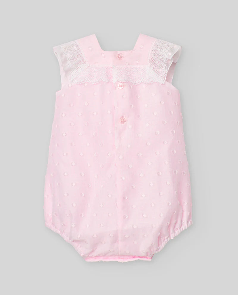 PAZ RODRIGUEZ: “ LINDA”  Dotted Chalk Pink with White Lace Romper