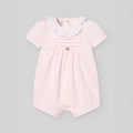 PAZ RODRIGUEZ: INTERLOCK V25” Baby Pink Knit Romper with Lace