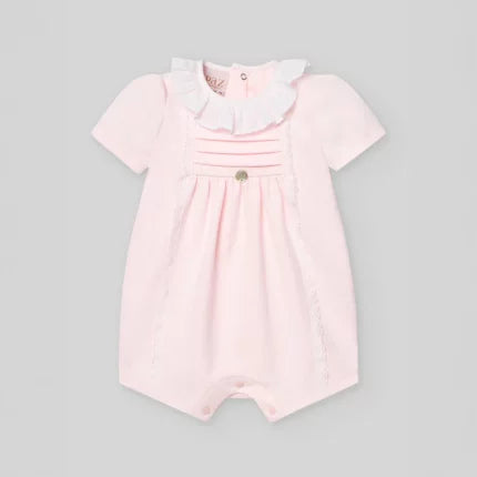 PAZ RODRIGUEZ: INTERLOCK V25” Baby Pink Knit Romper with Lace