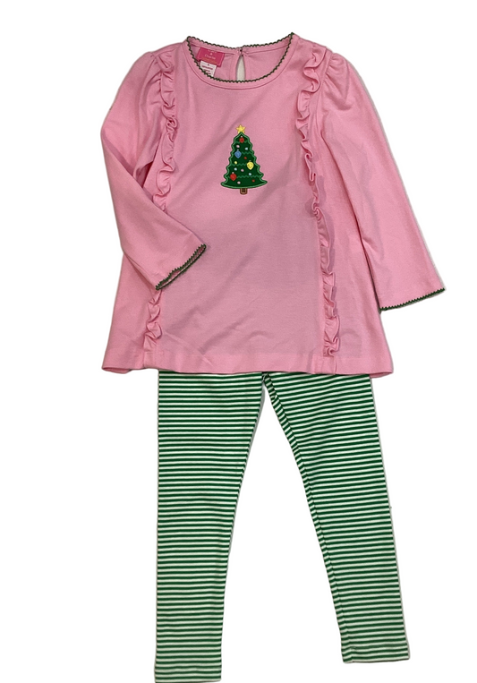 CLAIRE & CHARLIE: xmas tree pink knit tunic set w/ green stripe leggings