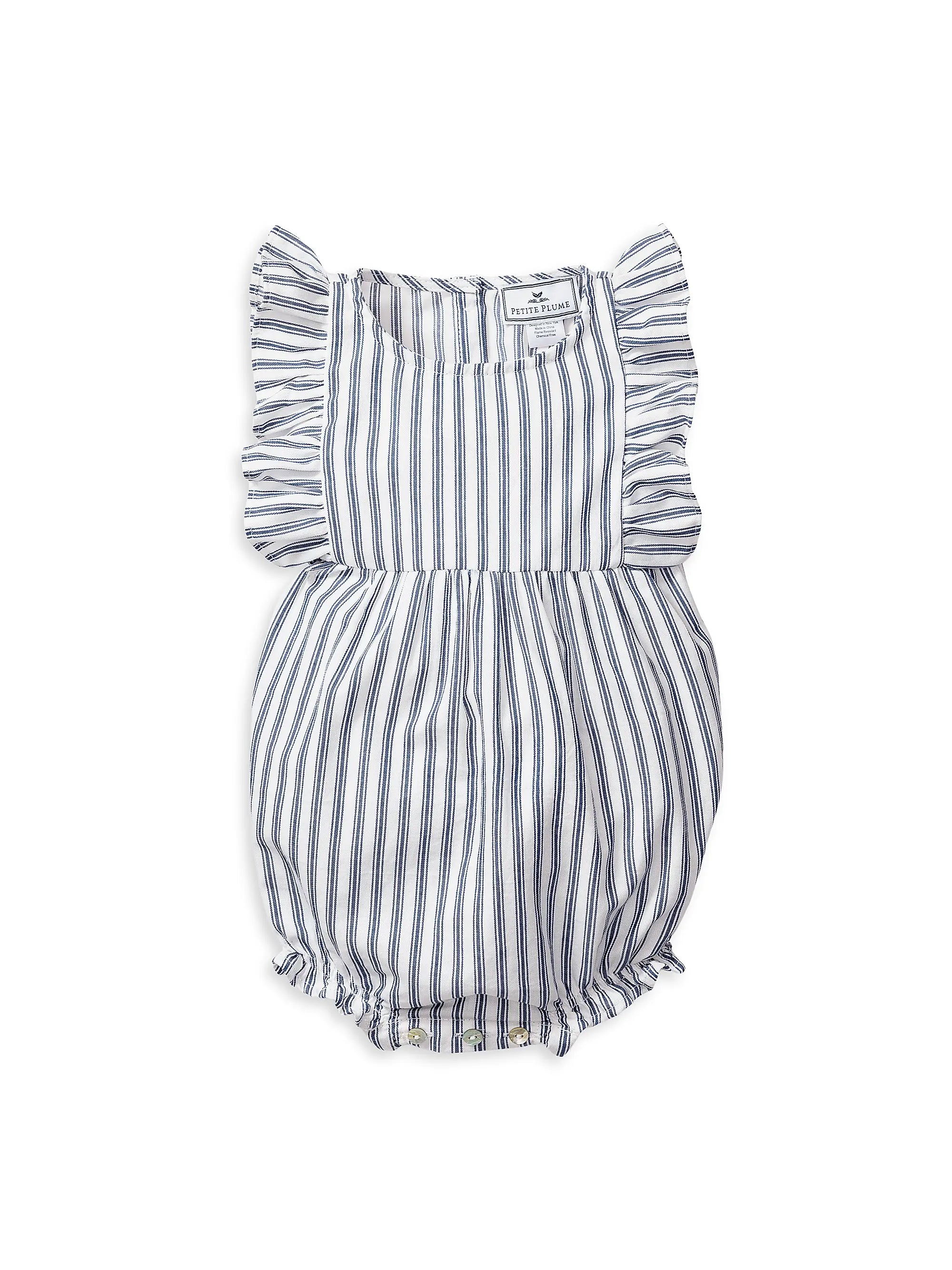 PETIT PLUME: Blue Striped Bubble Romper