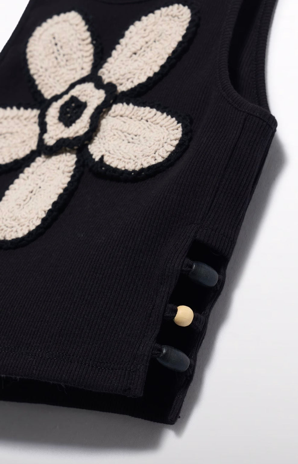 ABEL & LULA : Girl Black Crochet Knit Top with Beige flower Accent paired with Beige Flowy Pant Set