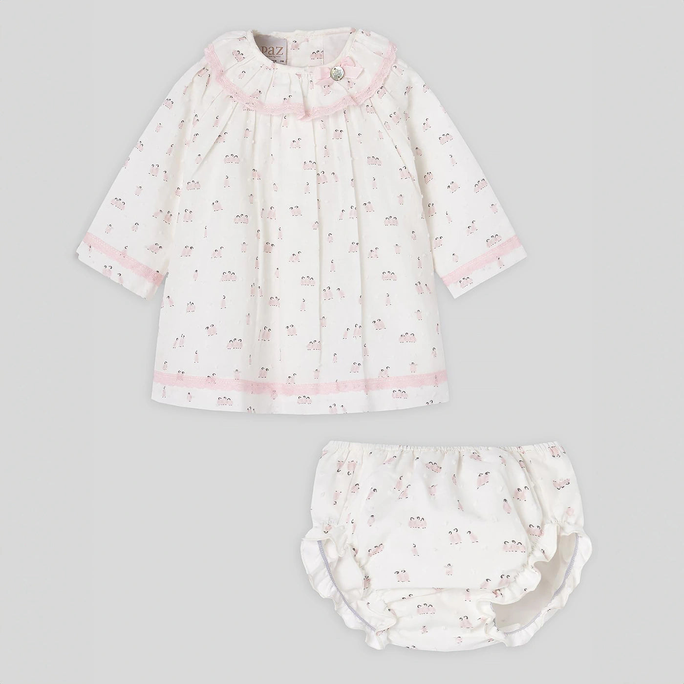 PAZ RODRIGUEZ: “GLACIER” Pinguin Print with Pink Trim INFANT BLOOMER SET