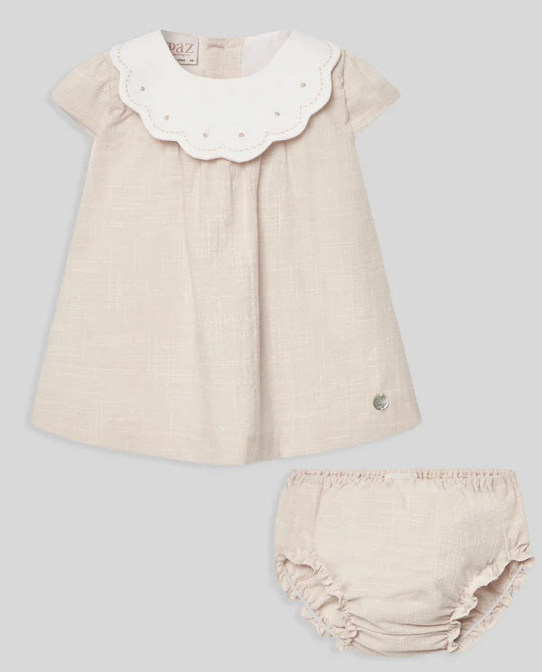 PAZ RODRIGUEZ: “LINO” Ecru and White Linen Dress with Bloomers