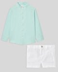 PAZ RODRIGUEZ: “CLAVEL” Maul Green Shirt with White Short Set