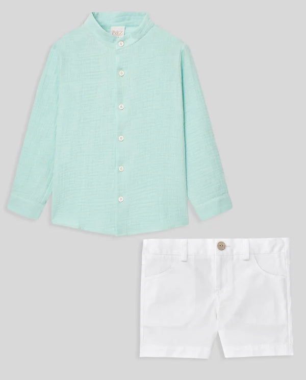 PAZ RODRIGUEZ: “CLAVEL” Maul Green Shirt with White Short Set