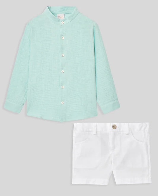 PAZ RODRIGUEZ: “CLAVEL” Maul Green Shirt with White Short Set
