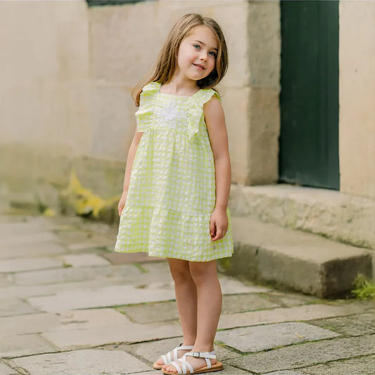 PAZ RODRIGUEZ: “PEONZA” Fluor Yellow Gingham Pattern Dress
