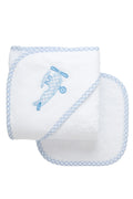 3 Martha’s: Airplane Hooded Towel and Washcloth Set in White and Light Blue Gingham