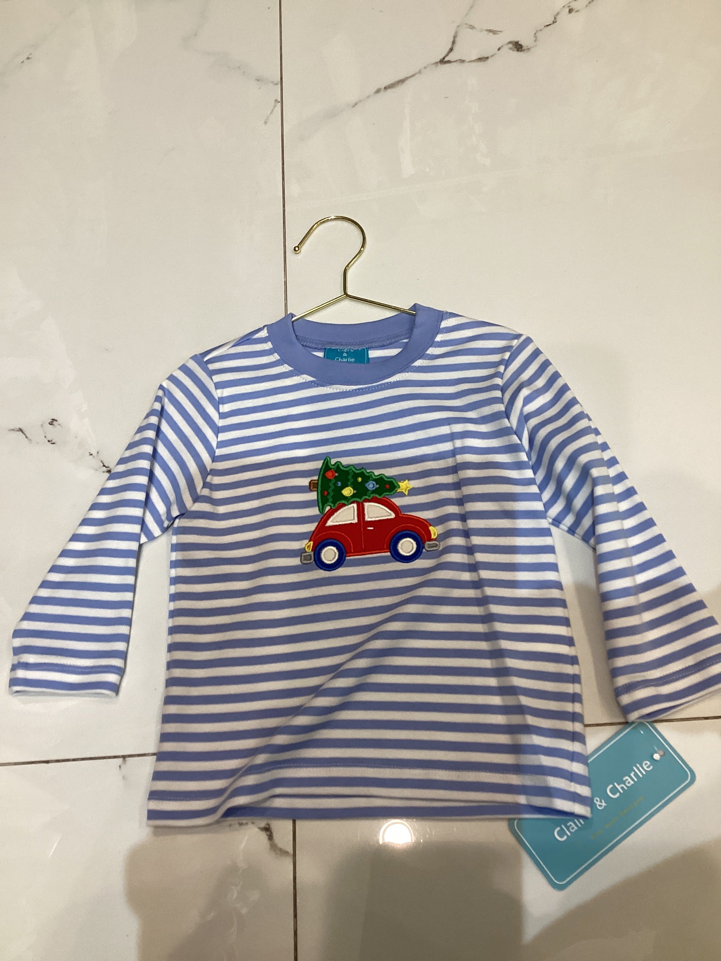 CLAIRE & CHARLIE : car w/ xmas tree blue knit stripe boys t-shirt