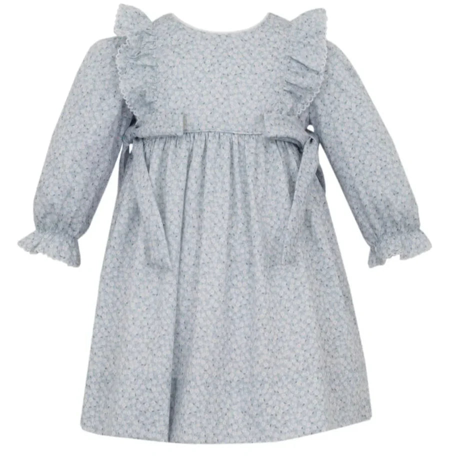 PETIT BEBE: BLUE FLORAL DRESS W/ SIDE BOWS AND RUFFLES