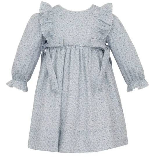 PETIT BEBE: BLUE FLORAL DRESS W/ SIDE BOWS AND RUFFLES