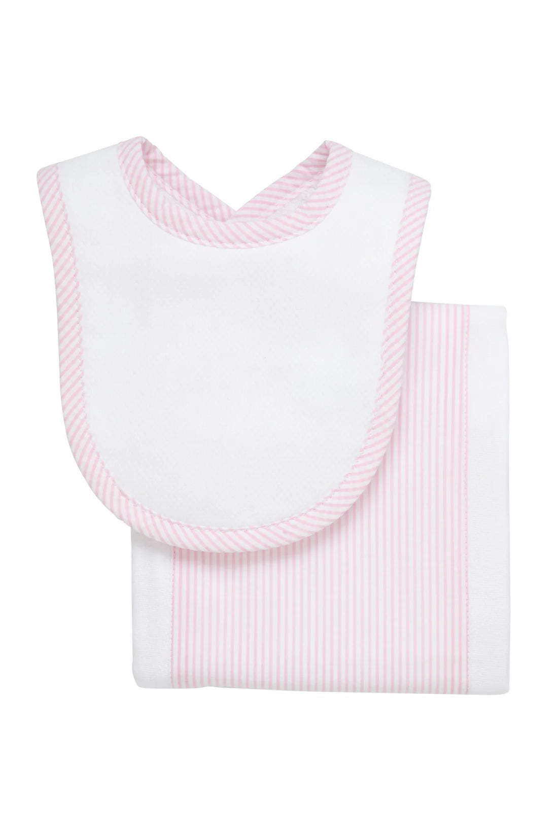 3 Martha’s: Light Pink and White Stripe Seersucker Drooler Bib and Burp Set
