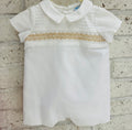 LULI & ME: Boys White with Tan Classic Smock Romper