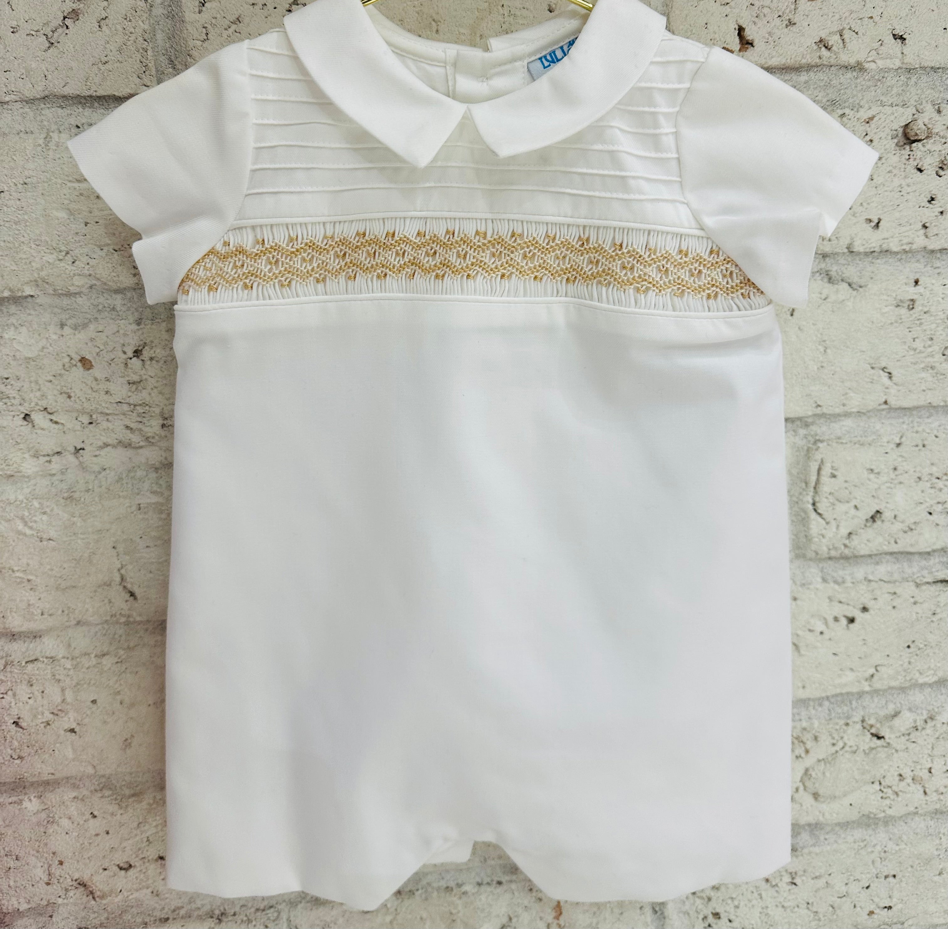 LULI & ME: Boys White with Tan Classic Smock Romper