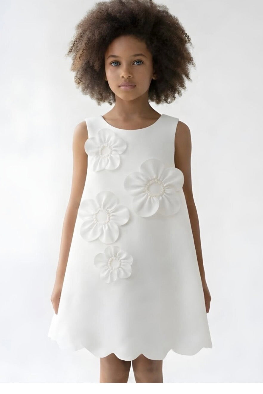 ABEL & LULA : WHITE 3D FLOWERS CREPE DRESS