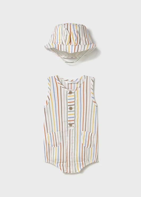 MAYORAL: INFANT BOYS MULTI STRIPE  ROMPER W/HAT