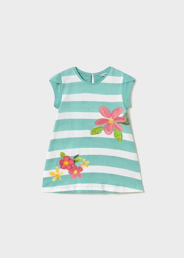 MAYORAL: BLUE & WHITE STRIPED DRESS WITH FLOWER PRINT