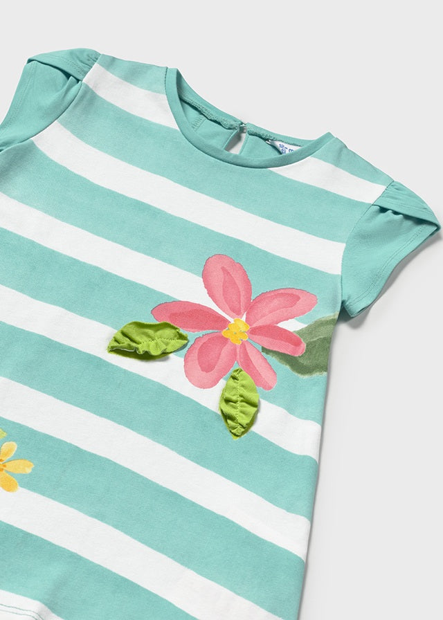 MAYORAL: BLUE & WHITE STRIPED DRESS WITH FLOWER PRINT