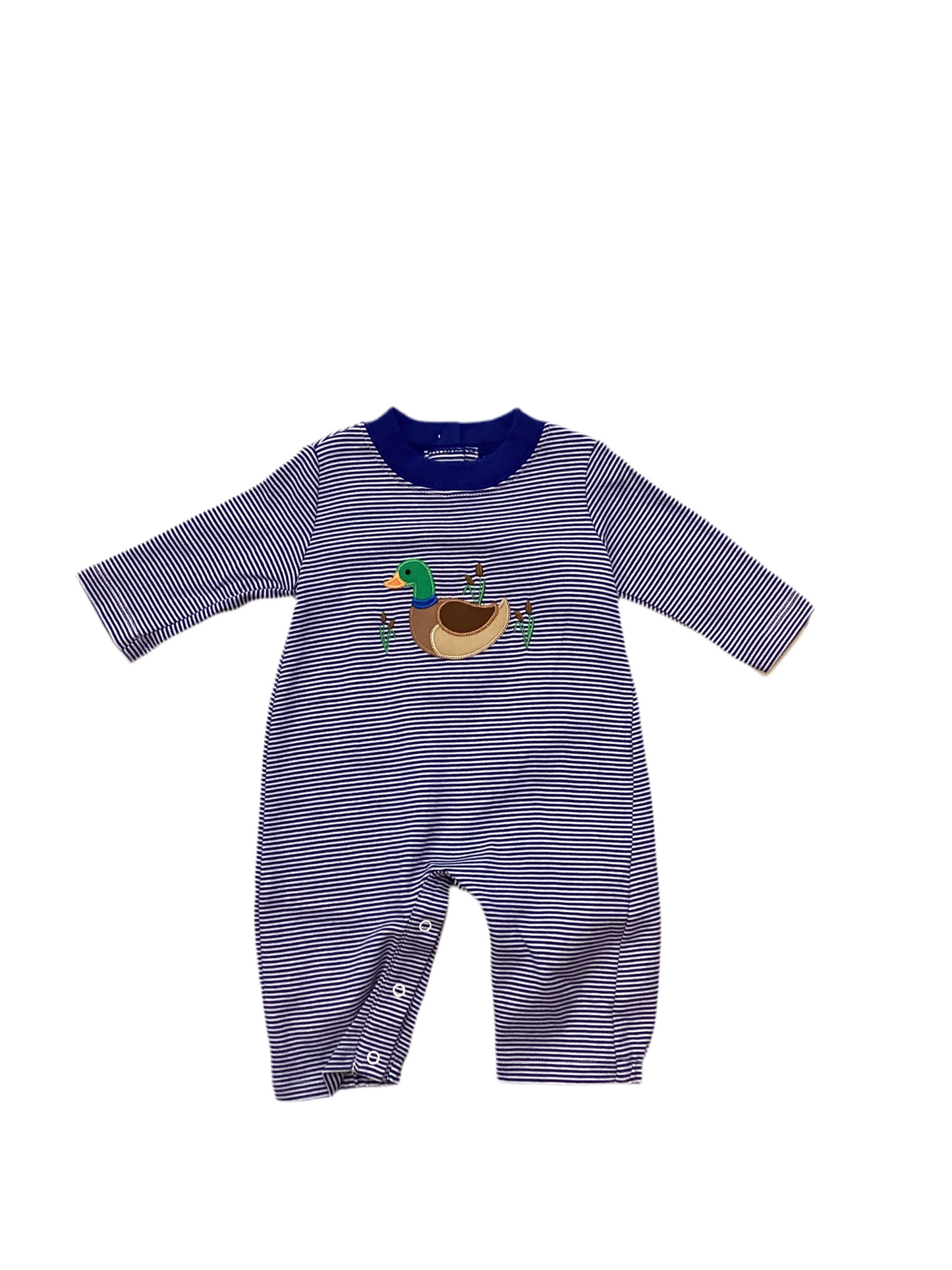 CLAIRE & CHARLIE: MALLARD DUCK-Navy Knit Stripe Boys Long Romper