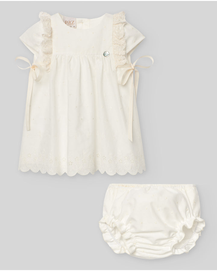 PAZ RODRIGUEZ: “PAZ V25” Woven and Lace Cream Infant Dress with Bloomers
