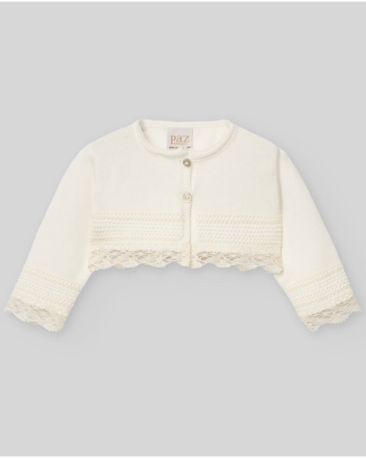 PAZ RODRIGUEZ: “PAZ V25” Cream Knit with Lace Cropped Cardigan