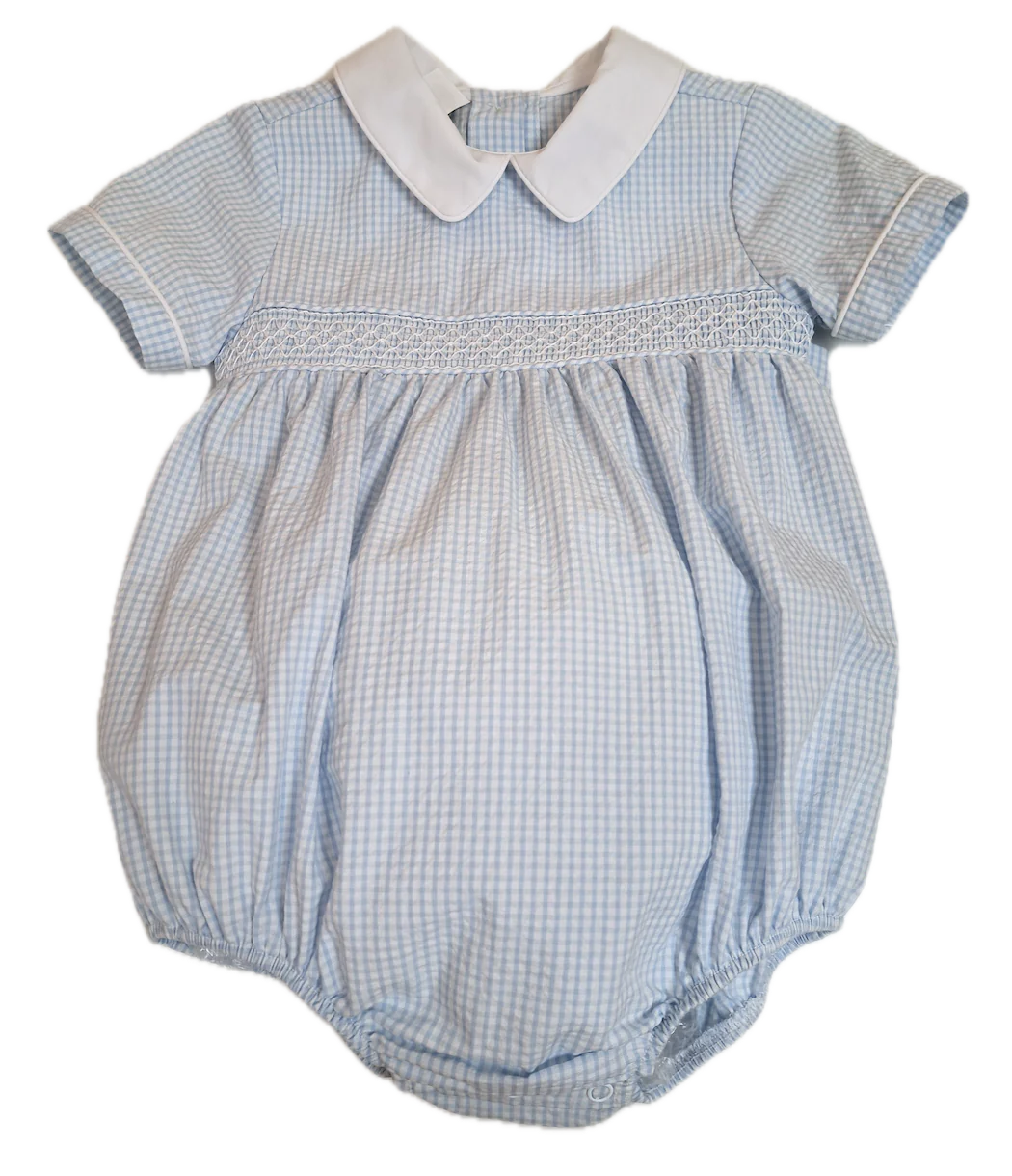 MARCO & LIZZY : BABY BOY BLUE CHECK SMOCKED SUN ROMPER
