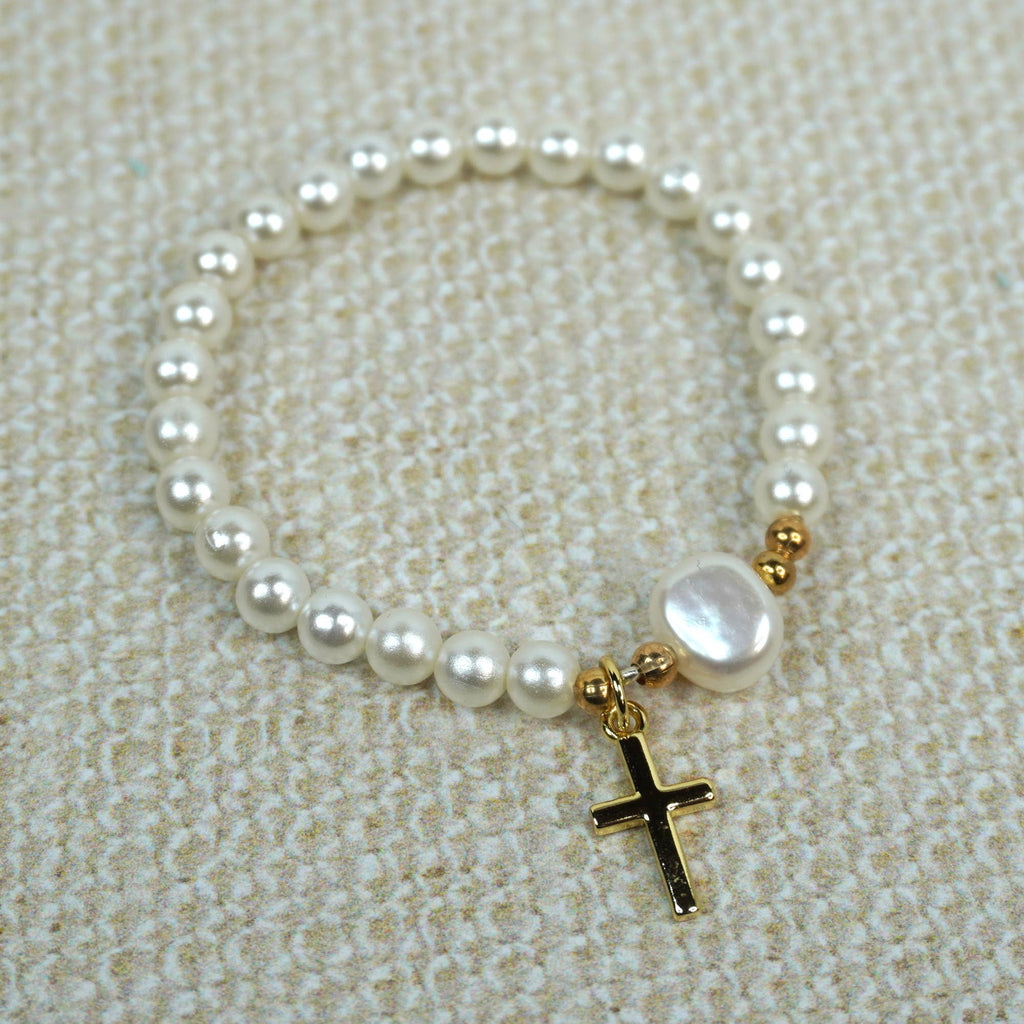 Gold  Cross Pearls with One Water Pearl Bracelet - 6MM