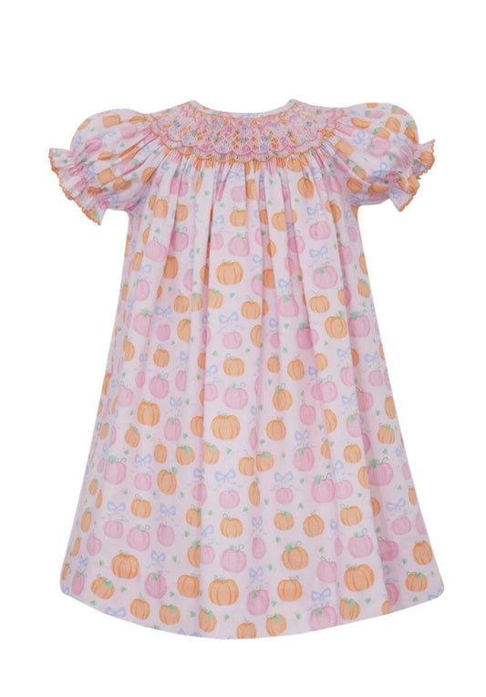 ANAVINI: DRESS- BUTTON FRONT PINK & ORANGE PUMPKIN PRINT