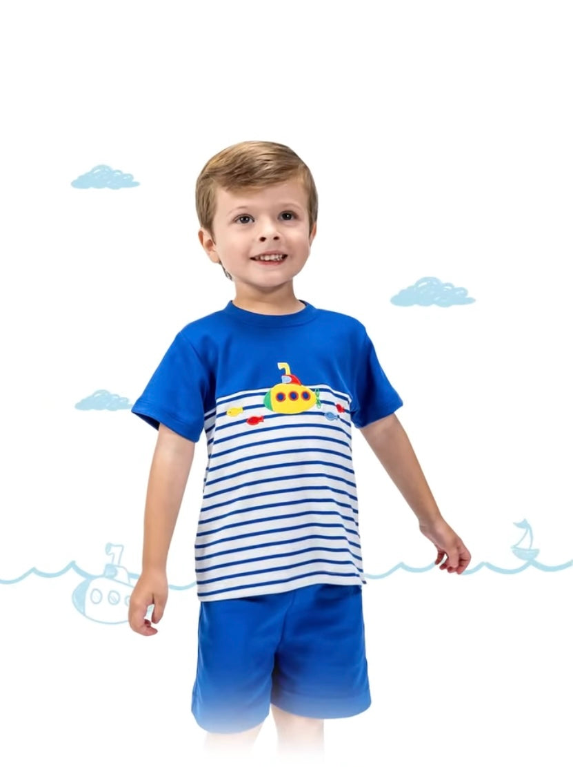 CLAIRE & CHARLIE : SUBMARINE BOY’S T-SHIRT SOLID BLUE KNIT W/STRIPES