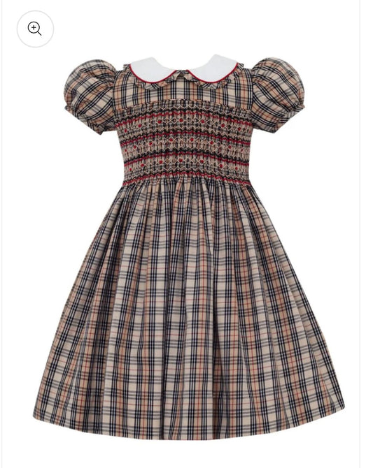ANAVINI: Burberry Inspired Smocked KHAKI & BROWN PLAID DRESS