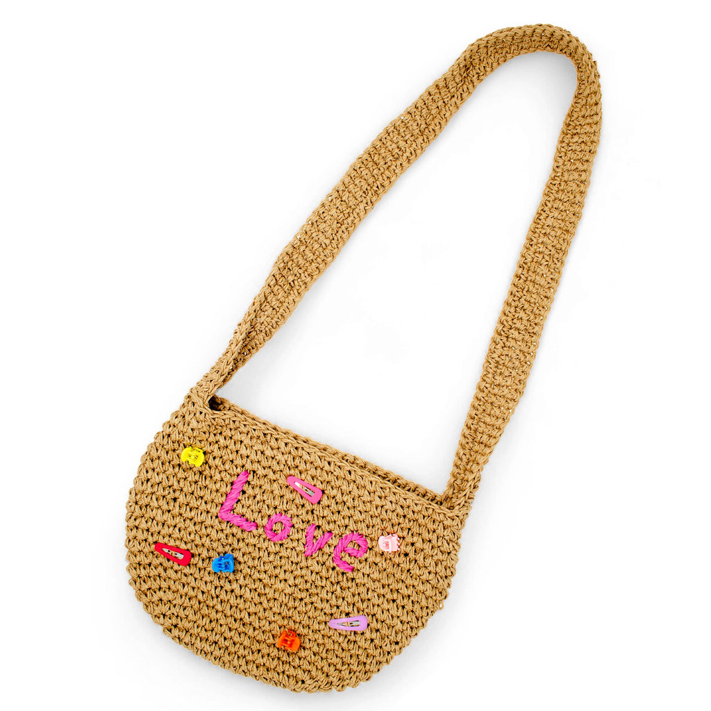 Girls Crossbody Woven Straw Message Charm Tote