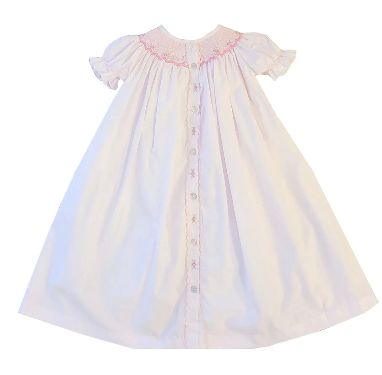 MARCO & LIZZY : PINK SMOCKED DAY GOWN WITH PINK ROSES